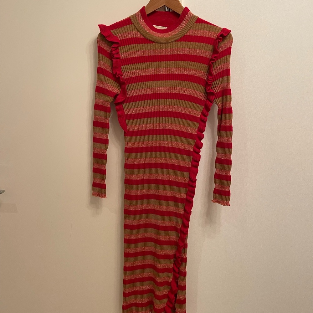 Aniye By red and tan ruffled midi sweater dress Small (petite)